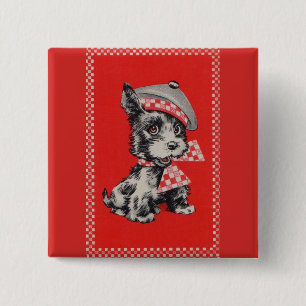 Scottie dog uit 1950 in rood vierkante button 5,1 cm