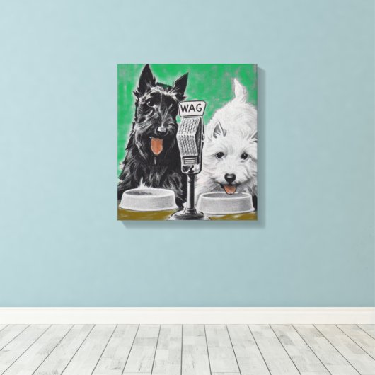 Scottie dogs Blackie en Whitie op de radio Canvas Afdruk (Insitu (Houten vloer))