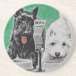 Scottie dogs Blackie en Whitie op de radio Zandsteen Onderzetter