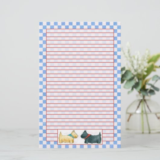 Scottie Dogs Waterverf Blue Check Red Lined Briefpapier (Staand voorkant)