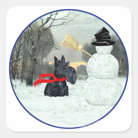 Scottie en Sneeuwman Vierkante Sticker (Voorkant)