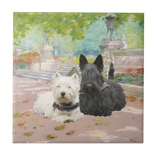 Scottie en Westie in een tuin Tegeltje (Voorkant)