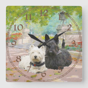Scottie en Westie in een tuin Vierkante Klok