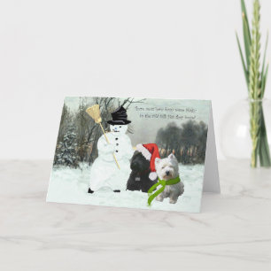 Scottie en Westie met Sneeuwman Feestdagen Kaart