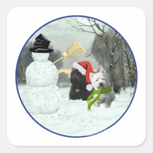 Scottie en Westie met Sneeuwman Vierkante Sticker