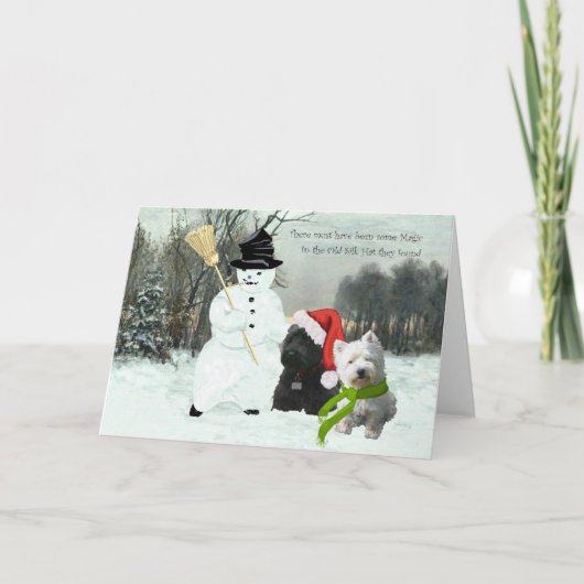 Scottie en Westie met Snowman Feestdagen Kaart (Voorkant)