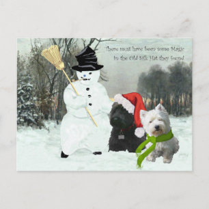 Scottie en Westie met Snowman Feestdagenkaart