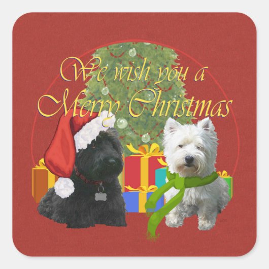 Scottie en Westie Prettig kerstfeest Vierkante Sticker (Voorkant)