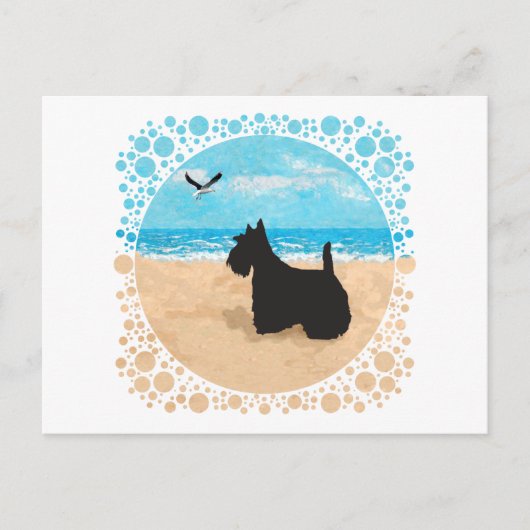 Scottie op het strand met meeuw briefkaart (Voorkant)