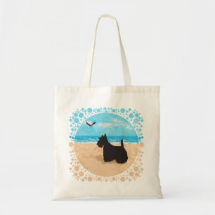Scottie op het strand met meeuw tote bag