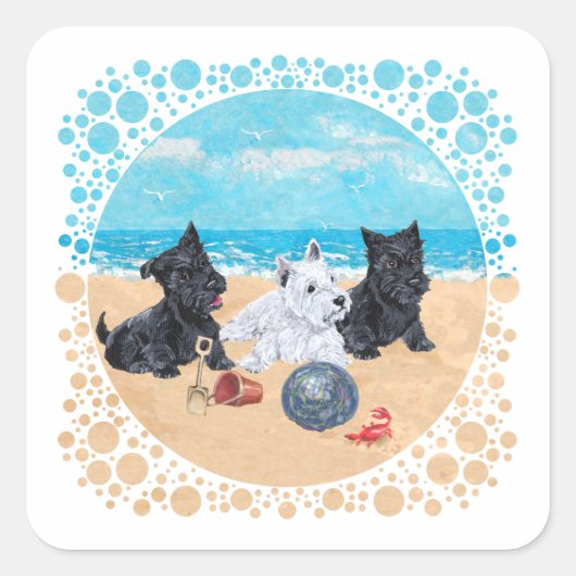 Scottie & Westie Pups in het strand Vierkante Sticker (Voorkant)
