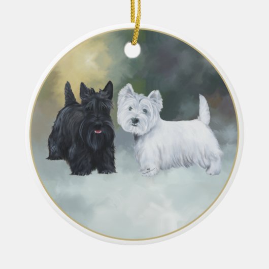 Scottie Westie Wintertijd Keramisch Ornament (Voorkant)