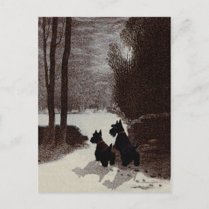 Scotties op een surreële winteravond briefkaart