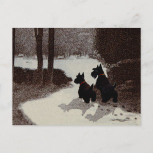 Scotties op een surreële winteravond briefkaart