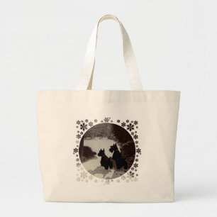 Scotties op een surreële winteravond grote tote bag