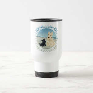Scotties op het strand, Wheaten & Black Pup Reisbeker