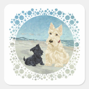 Scotties op het strand, Wheaten & Zwarte Hond Vierkante Sticker