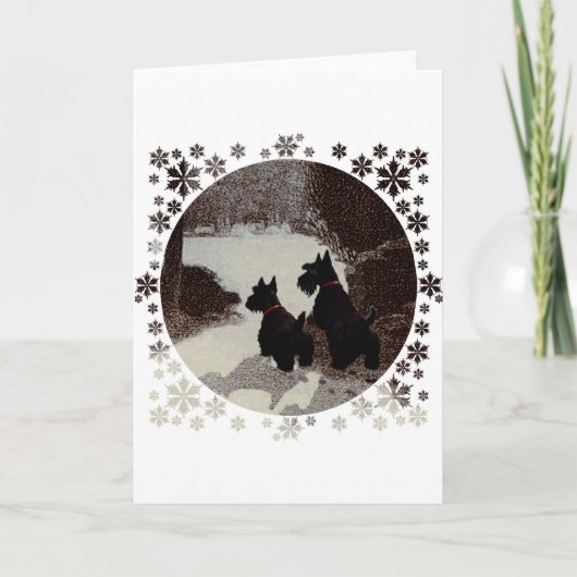 Scotties op Surreal Winter Night Feestdagen Kaart (Voorkant)