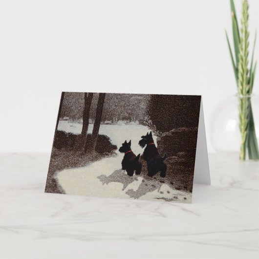 Scotties op Surreal Winter Night Feestdagen Kaart (Voorkant)