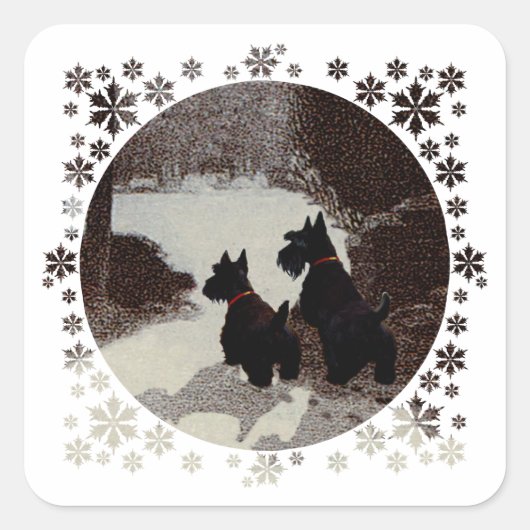 Scotties op Surreal Winter Night Vierkante Sticker (Voorkant)
