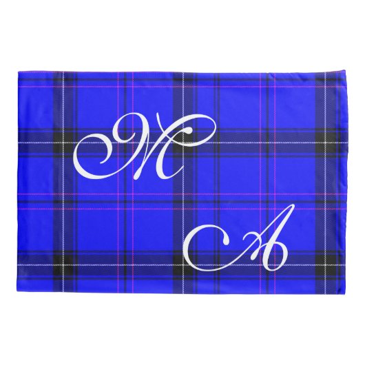 Scottish Blue Tartan verbinding met monogram Kussensloop (Achterkant)