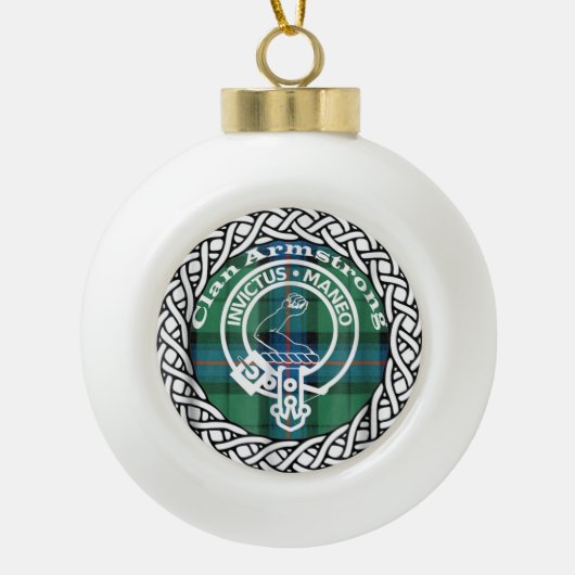 Scottish Clan Armstrong Tartan en Crest Keramische Bal Ornament (Voorkant)