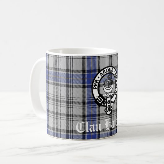 Scottish Clan Hannay Crest Badge en Tartan Custom Koffiemok (Voorkant links)