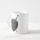 Scottish Clan Russell Tartan Shield & Swords Koffiemok (Voorkant links)