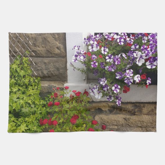 Scottish cottage window met petunias en rozen theedoek (Horizontaal)
