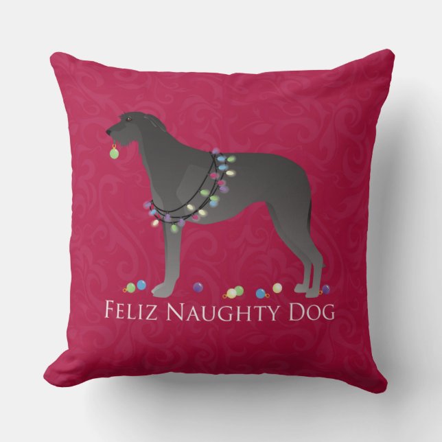 Scottish Deerhound Feliz Naughty Dog Kerstmis Kussen (Voorkant)