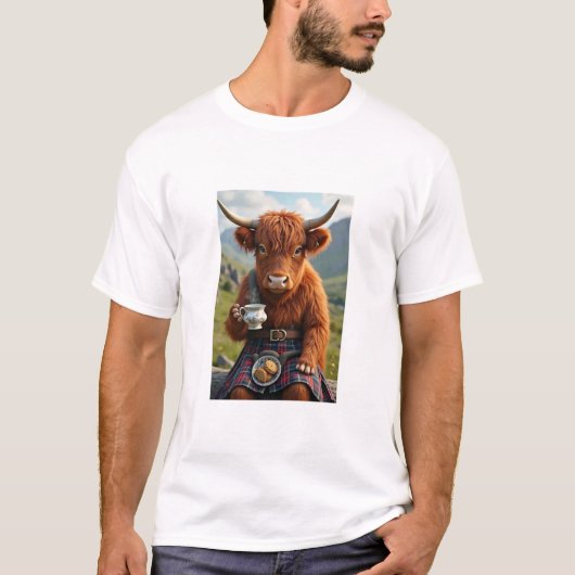Scottish Hairy Coo Koe met thee T-shirt (Voorkant)