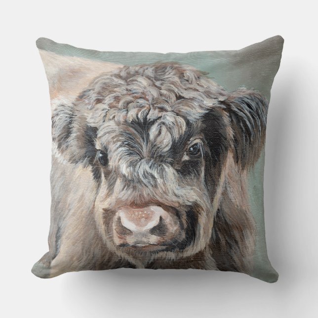 Scottish Highland Calf on Green Kussen (Voorkant)