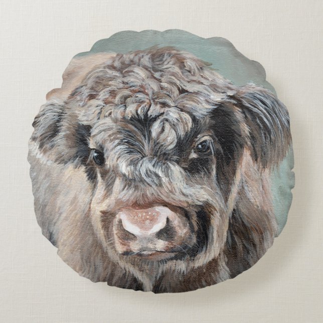 Scottish Highland Calf on Green Rond Kussen (Voorkant)