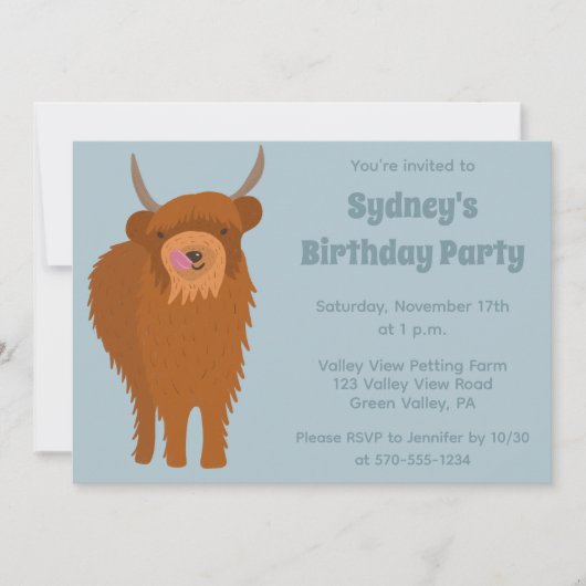 Scottish Highland Cattle Light Blue Birthday Party Kaart (Voorkant)