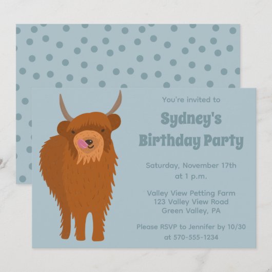 Scottish Highland Cattle Light Blue Birthday Party Kaart (Voorkant / Achterkant)