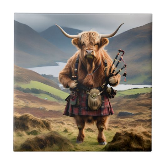 Scottish Highland Cow Bagpiper,  Tegeltje (Voorkant)