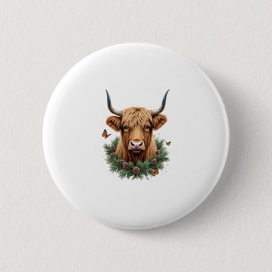 Scottish Highland Cow Cattle Hairy Cow Christmas W Ronde Button 5,7 Cm (Voorkant)