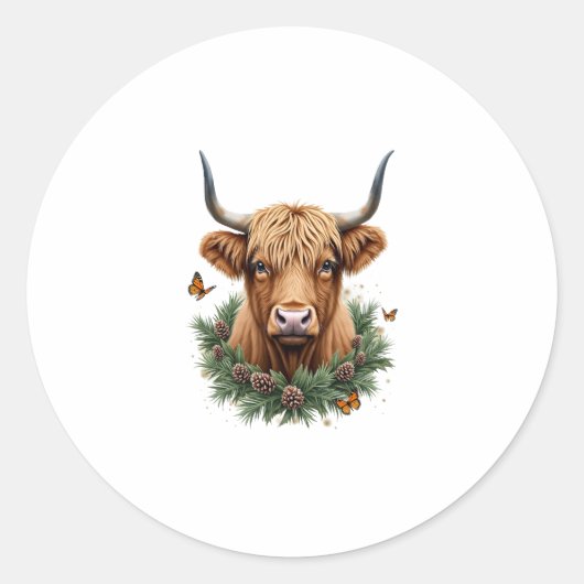 Scottish Highland Cow Cattle Hairy Cow Christmas W Ronde Sticker (Voorkant)