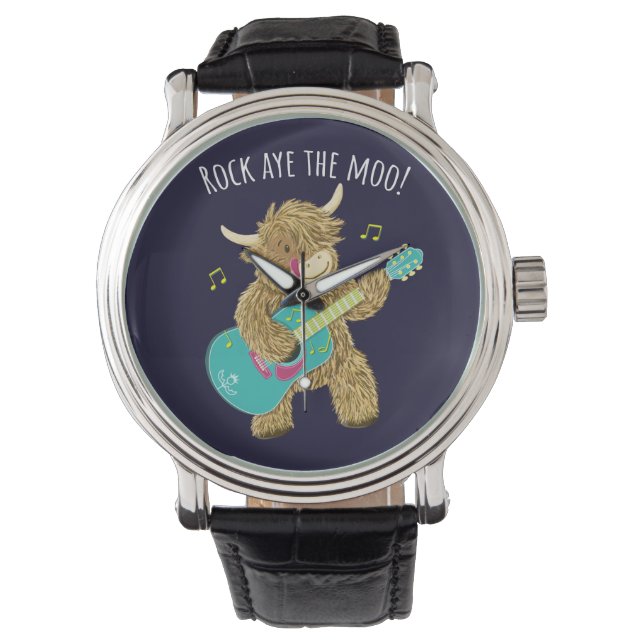 Scottish Highland Cow Guitarist Rock Aye The Moo!  Horloge (Voorkant)