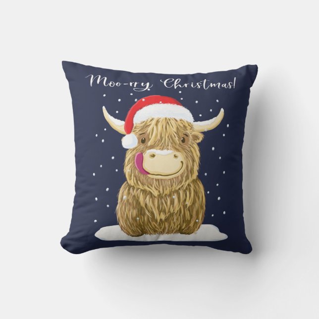 Scottish Highland Cow Merry Kerstsneeuw Kussen (Voorkant)
