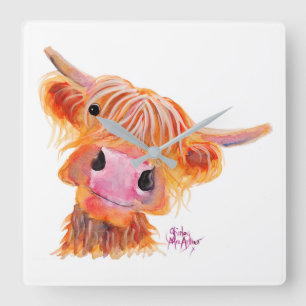 Scottish Highland Cow "Nessie" Square Clock Vierkante Klok