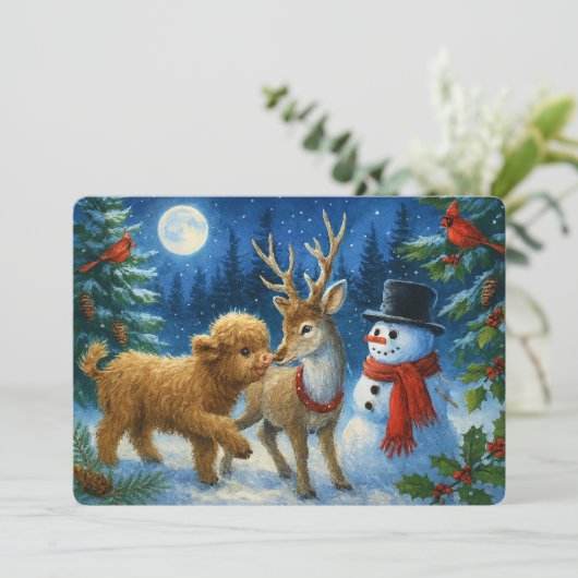 Scottish Highland Cow Reindeer & Snowman Christmas Feestdagenkaart (Staand voorkant)
