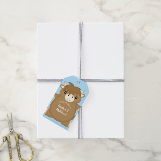 Scottish Highland Koe Baby shower Blue Cadeaulabel (Met Touw)
