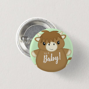 Scottish Highland Koe Baby shower Green Ronde Button 3,2 Cm