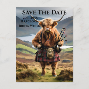 Scottish Highland Koe Bagpiper, red de datum Briefkaart