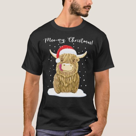 Scottish Highland Koe, Moo-Rry Kerstmis Wee Hamis T-shirt (Voorkant)