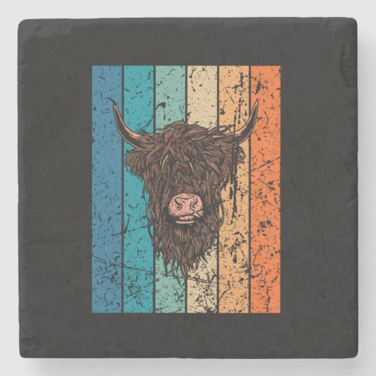 Scottish Highland Koe Retro Stenen Onderzetter (Voorkant)