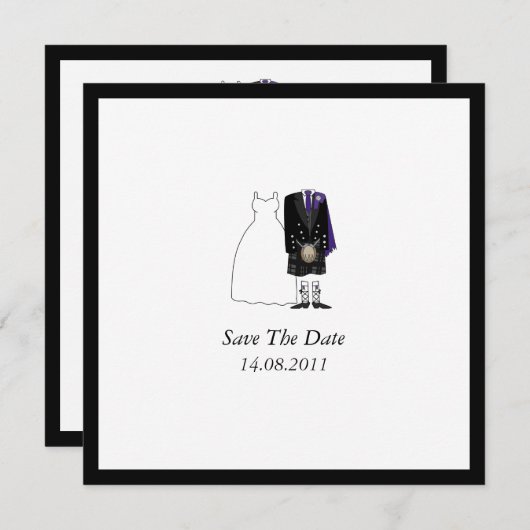 Scottish Kilt Bride & Groom Paars Save the Date (Voorkant / Achterkant)