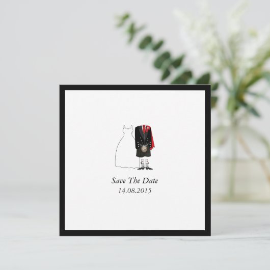 Scottish Kilt Bride & Groom Save the Date - red (Staand voorkant)