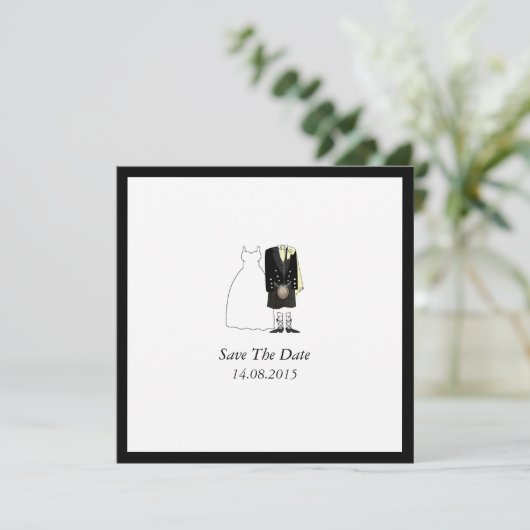 Scottish Kilt Bride & Groom Save the Date - yellow (Staand voorkant)